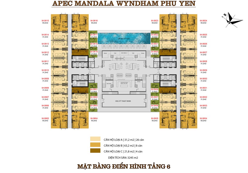 Mặt bằng tầng 6 căn hộ Apec Mandala Wyndham Garden Phú Yên