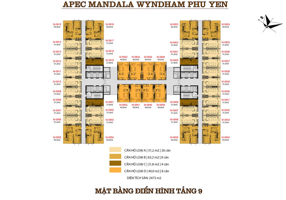 Mặt bằng tầng 9 căn hộ Apec Mandala Wyndham Garden Phú Yên