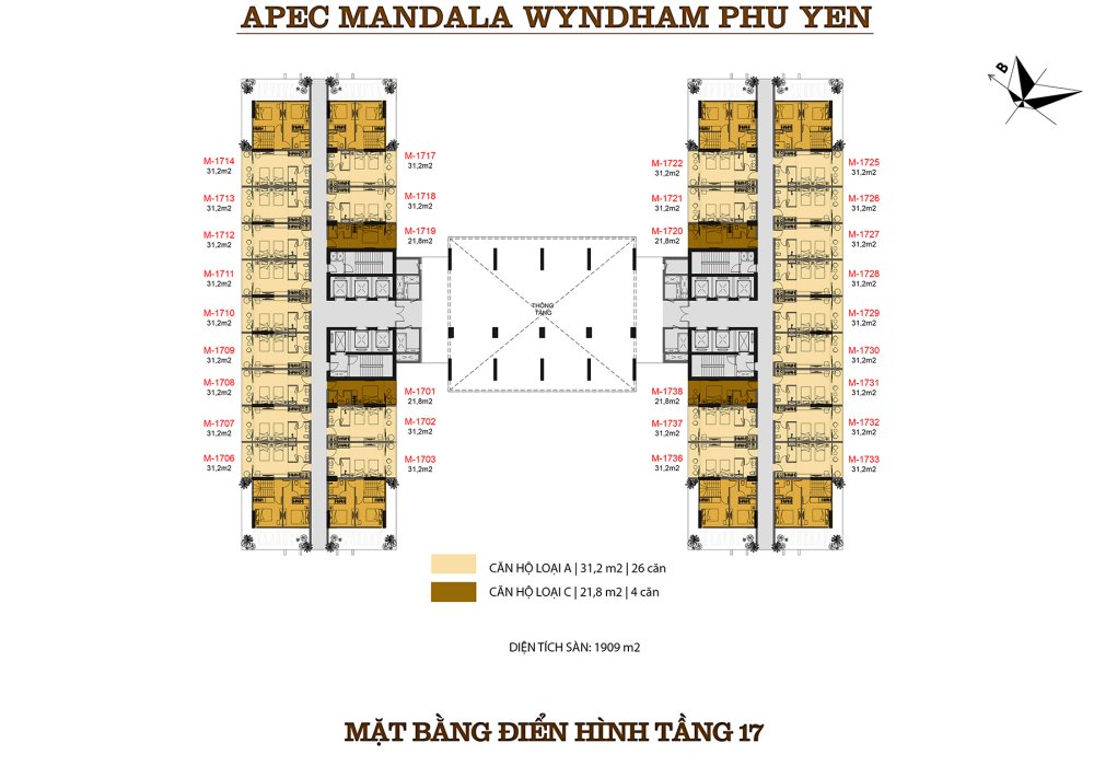 Mặt bằng tầng 17 căn hộ Apec Mandala Wyndham Garden Phú Yên