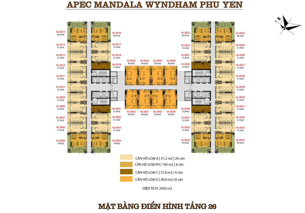 Mặt bằng tầng 26 căn hộ Apec Mandala Wyndham Garden Phú Yên