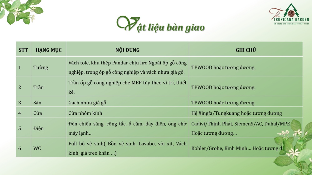 Danh sách vật liệu bàn giao chính thức tại dự án Làng sinh thái The Tropicana Garden 