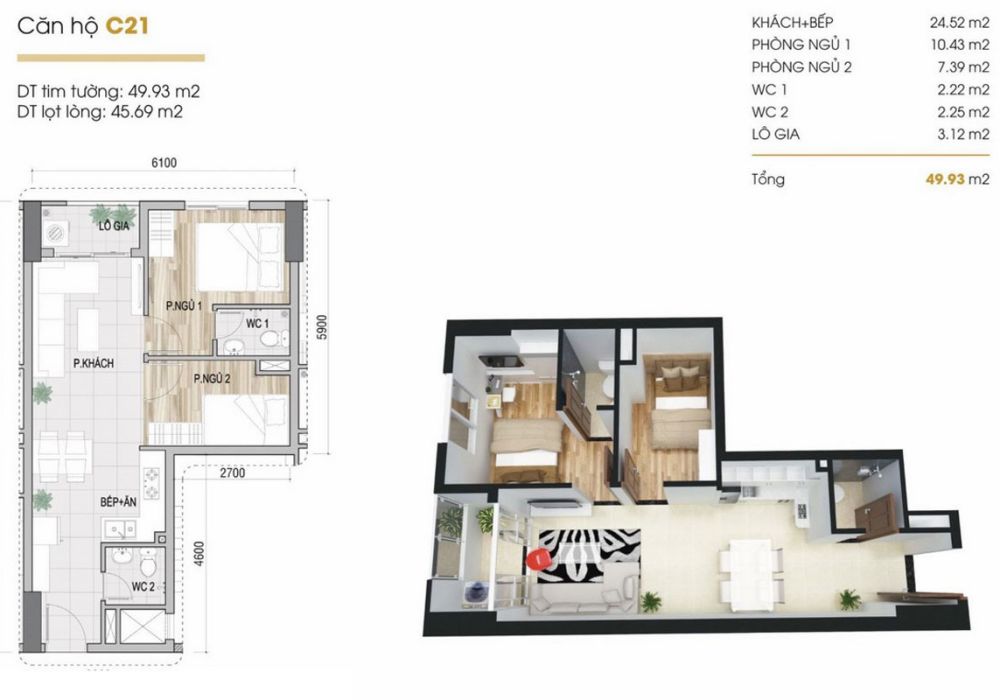 Thiết kế căn 2 phòng ngủ dự án căn hộ The Youth Thủ Đức