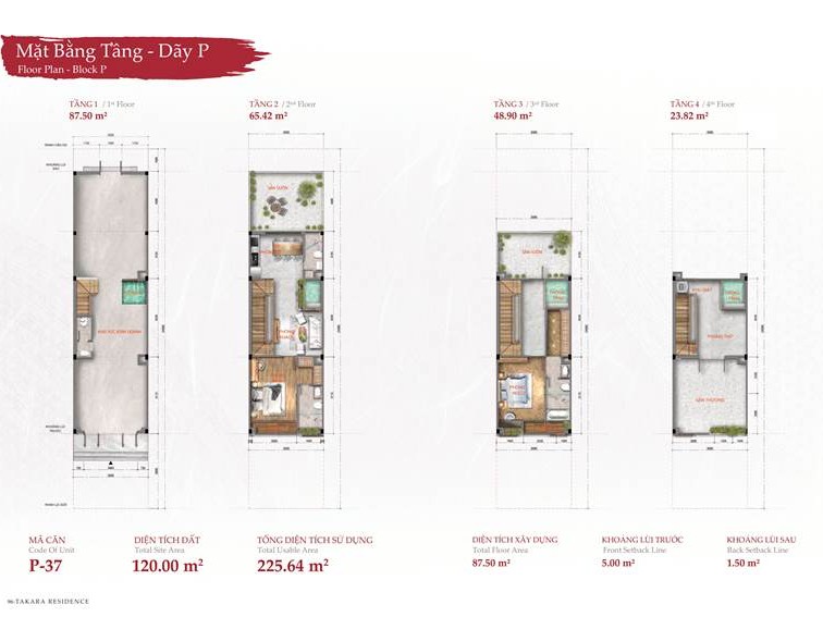 Thiết kế mặt bằng tầng - Dãy P của dự án nhà phố Takara Residence 