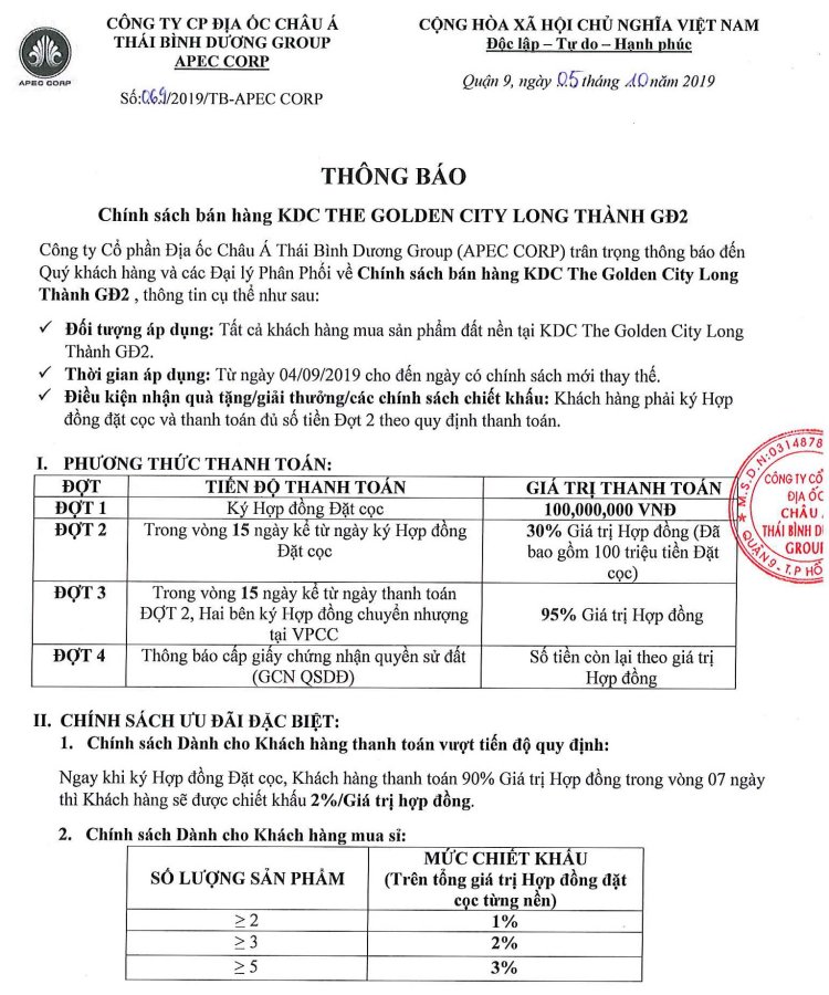 Chính sách dự án The Golden City Long Thành
