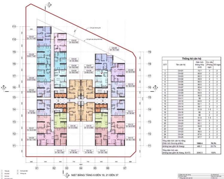 Mặt bằng tầng 6 đến tầng 19 và 21 đến 37