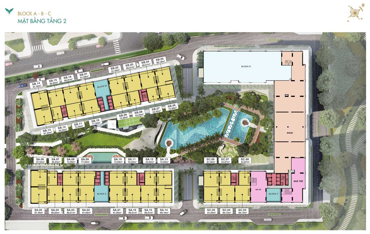Mặt bằng tầng Block A - B - C tại tầng 2