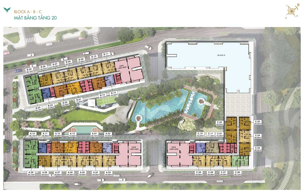 Mặt bằng tầng Block A - B - C tại tầng 20