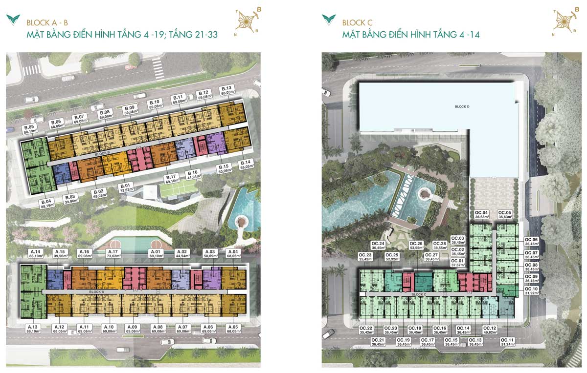 Mặt bằng tầng Block A - B tầng 4-19, 21-33; Bock C tầng 4-14