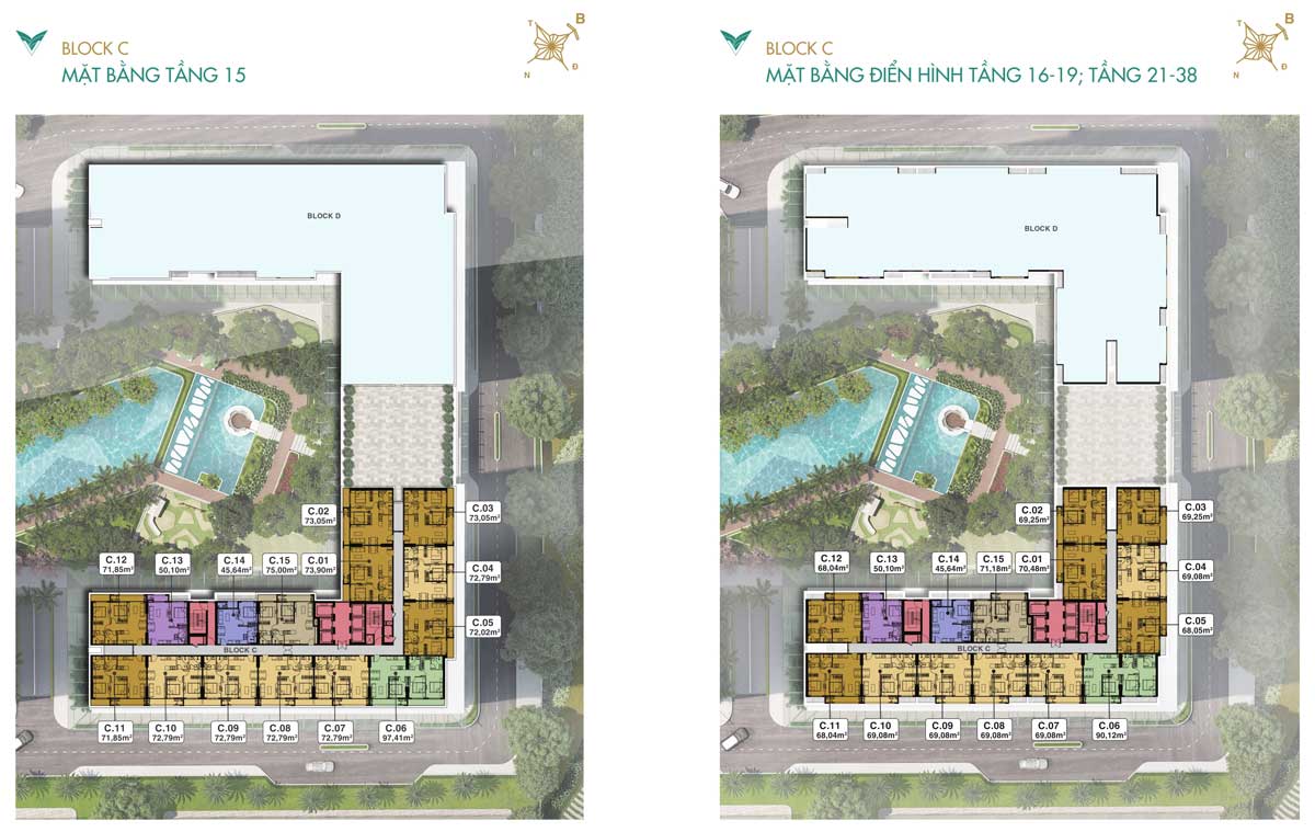 Block C tầng 15, Block mặt bằng tầng 16-19, tầng 21-38