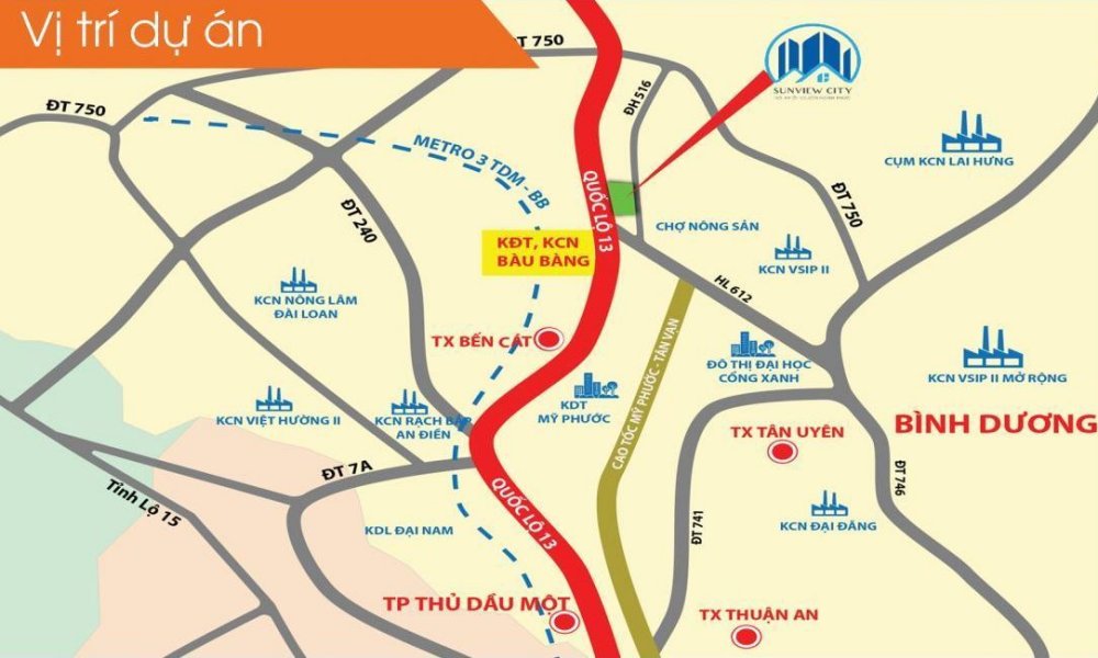 Vị trí dự án đất nền Sunview City Bàu Bàng Bình Dương
