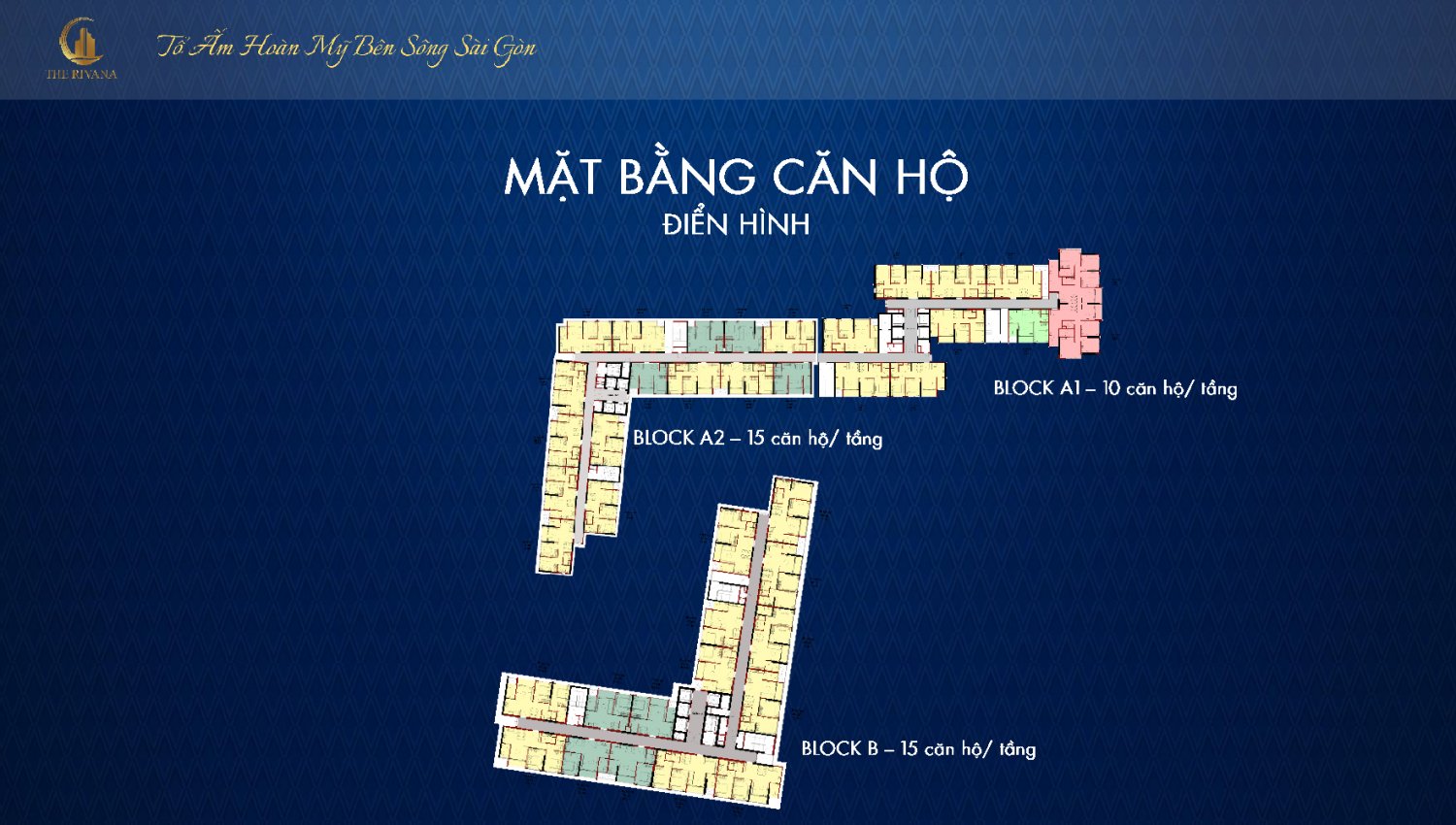 Mặt bằng căn hộ điển hình: Block A1 - 10 căn hộ/tầng; Block A2 - 15 căn hộ/tầng; Block B -15 căn hộ/tầng