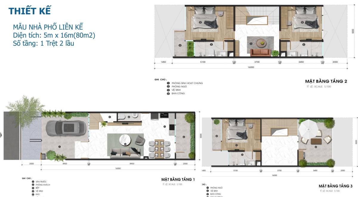MẪU NHÀ PHỐ LIÊN KẾ Diện tích: 5m x 16m(80m2) Số tầng: 1 Trệt 2 lầu