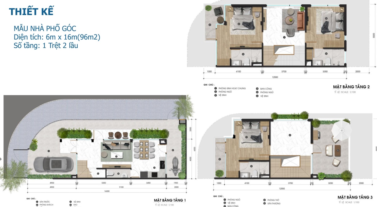 MẪU NHÀ PHỐ GÓC Diện tích: 6m x 16m(96m2) Số tầng: 1 Trệt 2 lầu