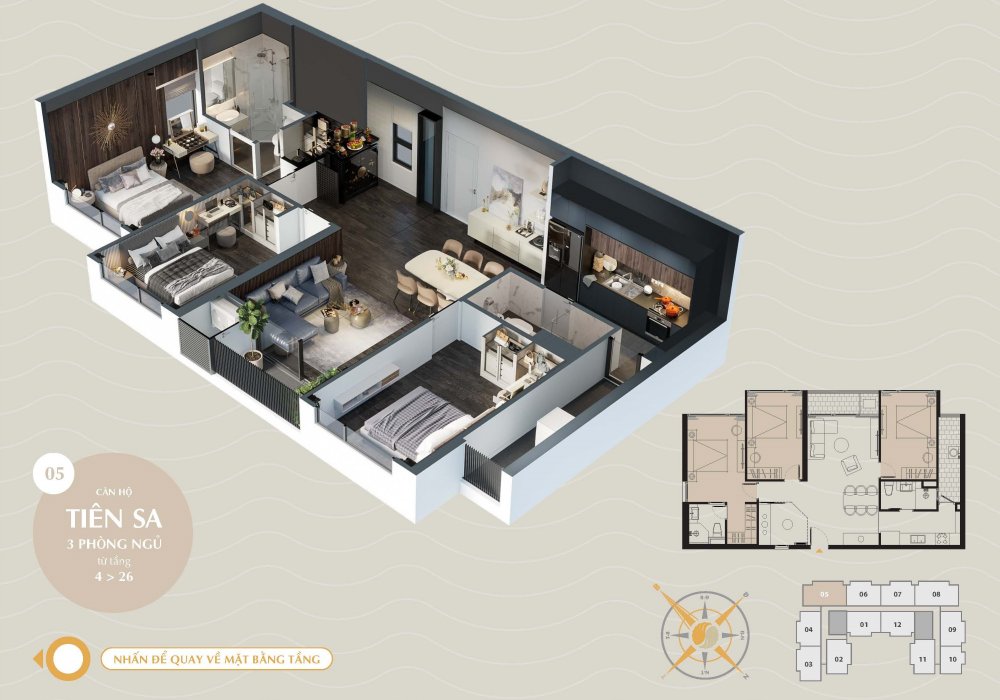 Thiết kế căn hộ Tiên Sa 3 Phòng Ngủ tại The Sang Residence 