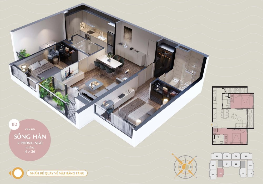 Thiết kế căn hộ Sông Hàn 2 Phòng Ngủ tại The Sang Residence 