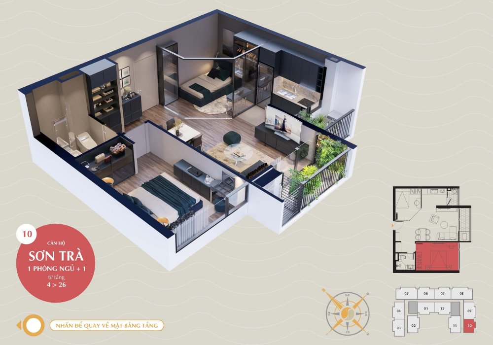 Thiết kế căn hộ Sơn Trà 1 Phòng Ngủ tại The Sang Residence 