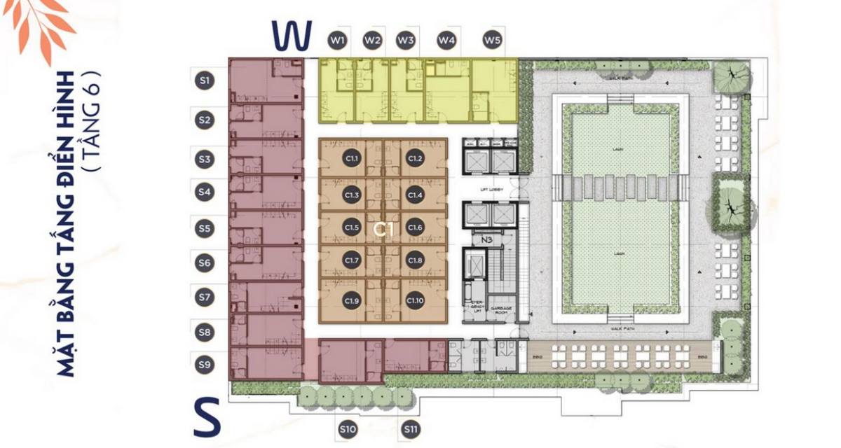 Mặt bằng tầng 6 dự án căn hộ Ecotel The Alleys Tân Bình