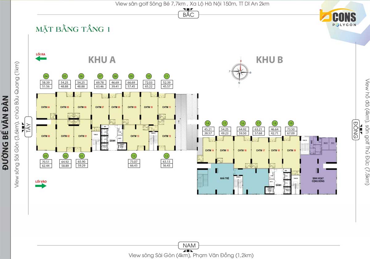 Mặt bằng tầng 1 tại dự án căn hộ Bcons Polygon  Bình Dương