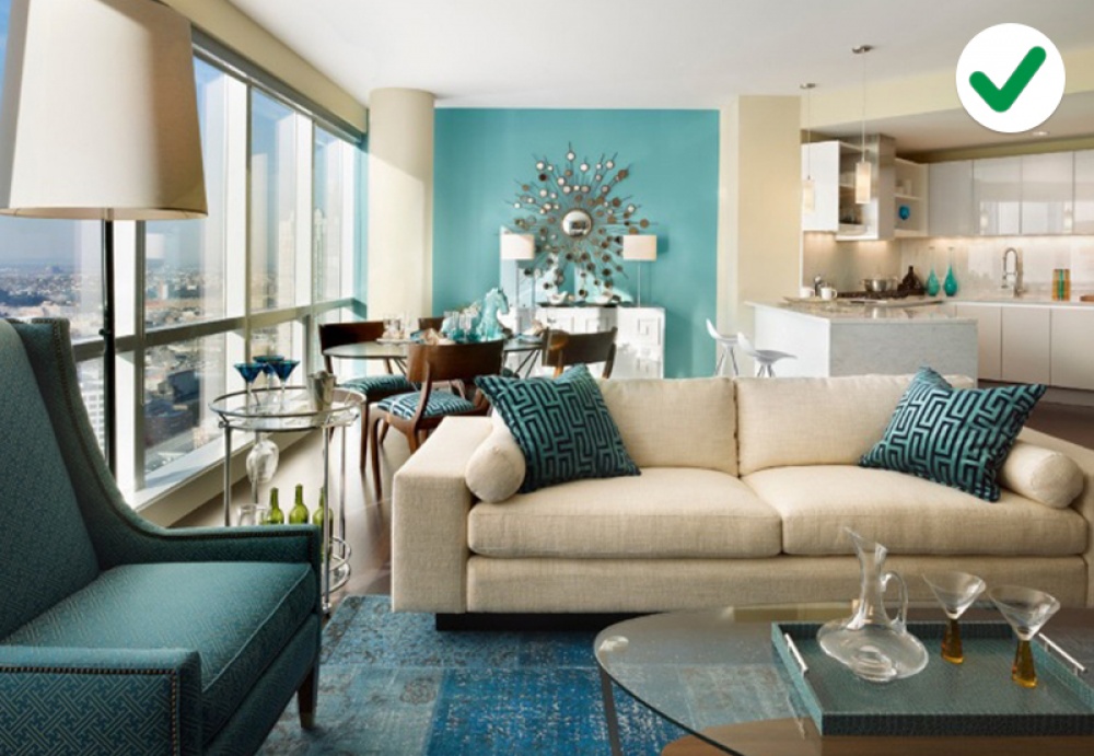 phòng khách trắng - xanh