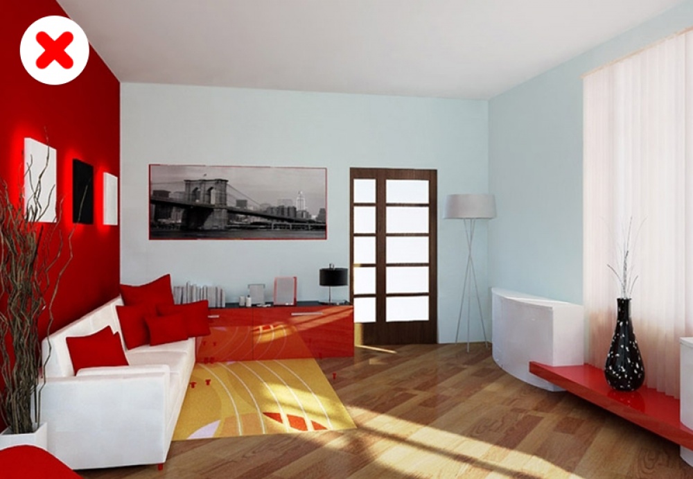 phòng khách màu đỏ, trắng