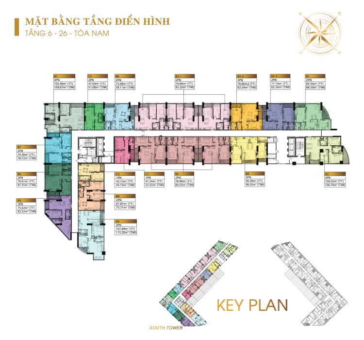 Mặt bằng điền hình tầng 06 đến 26 toà Nam