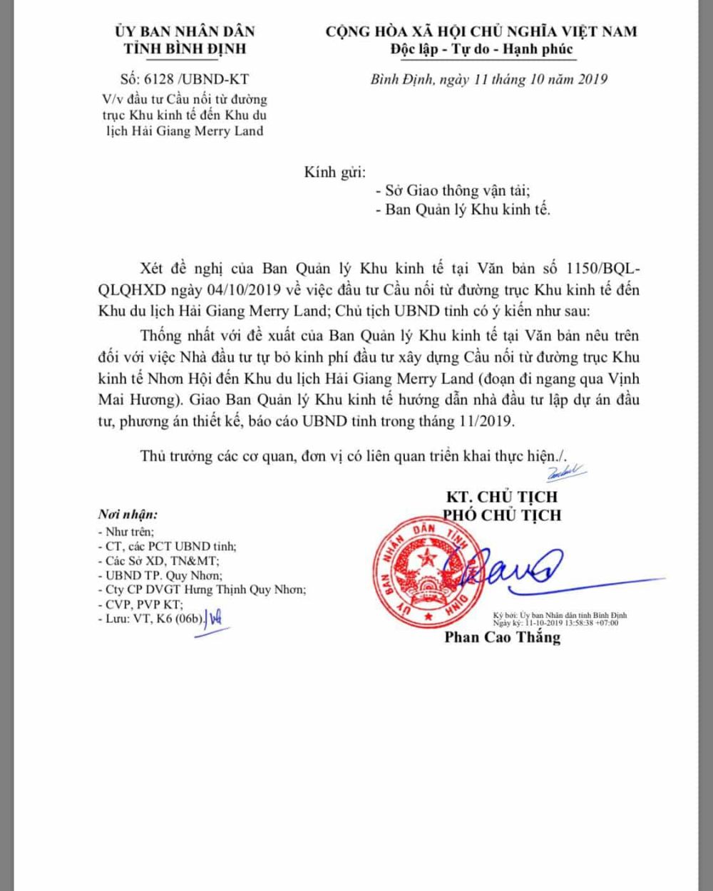 Quyết định đầu tư cầu kết nối dự án khu du lịch Hải Giang Merry Land Quy Nhơn