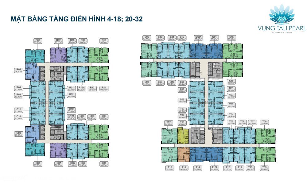 Mặt bằng tầng 4 - 18, 20 - 32 căn hộ Vũng Tàu Pearl