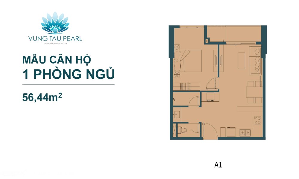 Thiết kế 1 phòng ngủ 56, 44m2 căn hộ Vũng Tàu Pearl