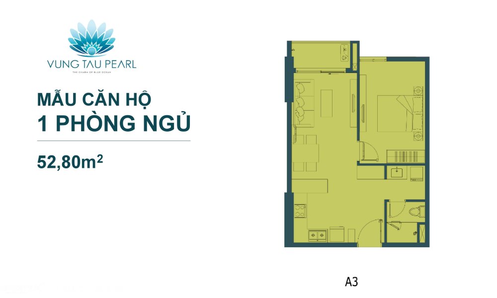 Thiết kế 1 phòng ngủ 52,8 m2 căn hộ Vũng Tàu Pearl