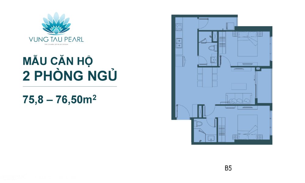 Thiết kế 2 phòng ngủ 75,8 - 76,5 m2 căn hộ Vũng Tàu Pearl