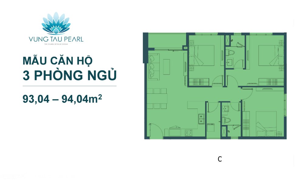 Thiết kế 3 phòng ngủ 93,04 - 94,04 m2 căn hộ Vũng Tàu Pearl
