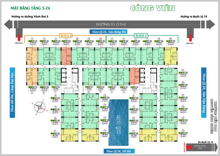 Mặt bằng tầng 3 đến 24  dự án căn hộ Bcons Green View Bình Dương