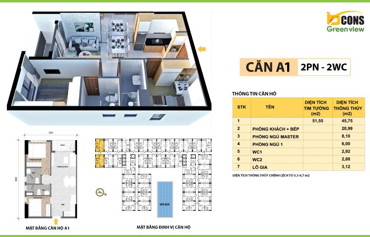 Thiết kế căn A1 Bcons Green View Bình Dương