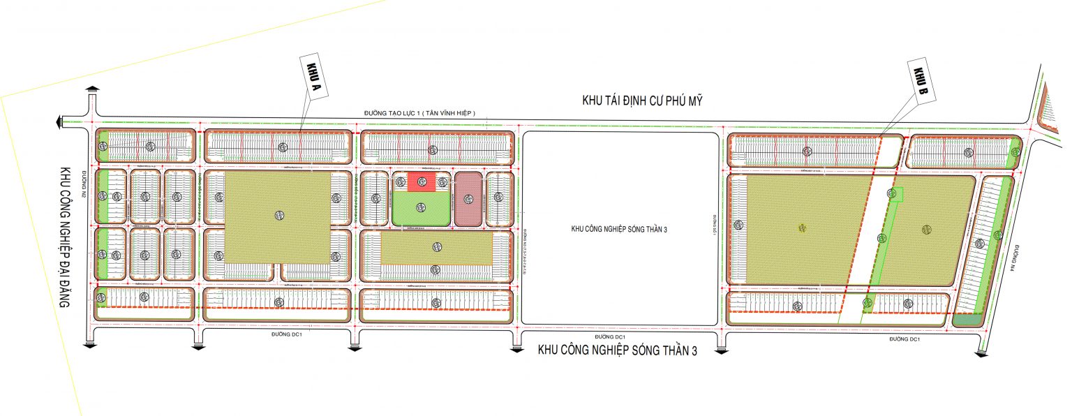 Mặt bằng quy hoạch phân khu A, B tại dự án với diện tích như nhà phố 5×24, 5×30, biệt thự 10 x 30, 10x 35