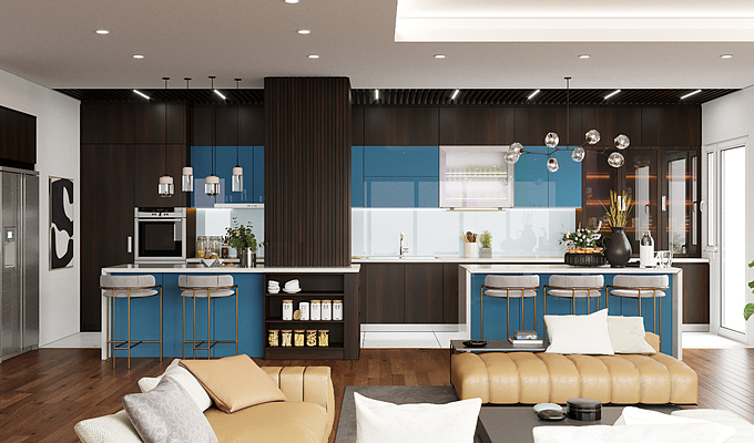 Phòng bếp: Bếp là nơi giữ lửa của gia đình, là nơi sau một ngày dài mệt mỏi cả nhà cùng quây quần bên mâm cơm nóng. Một căn bếp đẹp với tone xanh đậm cá tính sẽ tạo cảm hứng cho người nội trợ nấu những món ăn thơm ngon, bổ dưỡng cho cả gia đình. 