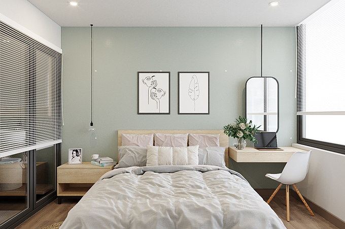 Phòng ngủ: Không chỉ được ưa chuộng trong thiết kế phòng khách và bếp, sắc xanh cũng là lựa chọn của nhiều gia đình khi thiết kế phòng ngủ. Thư giãn và an yên là những thông điệp mà sắc xanh lá nhạt mang đến cho căn phòng ngủ, bởi đây chính là thời điểm chúng ta cần sự yên bình, tĩnh tâm để sạc lại năng lượng. Không quá cầu kỳ trong việc trang trí, phòng ngủ hầu như chỉ sử dụng những đồ vật cơ bản, đáp ứng nhu cầu sử dụng hàng ngày của chủ nhân. 