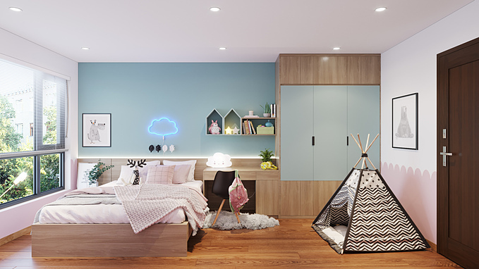 Tone xanh nhạt cũng thường được lựa chọn để phối cùng màu hồng tạo nên không gian độc đáo cho phòng ngủ của các bé. Bạn không nhất thiết phải tái tạo toàn bộ không gian với màu xanh. Tính linh động của màu sắc này giúp bạn dễ dàng thay đổi một điểm nào đó trong căn nhà nhưng vẫn thổi bừng sức sống mới. 