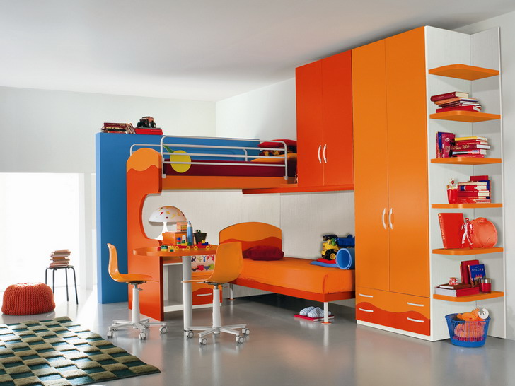 Contemporary Kids Room With Colorful Modern Kids Furniture in Orange Blue and White Interior Room Decoration Ideas for Home Inspiration