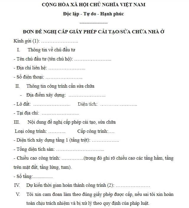 mau don xin phep sua chua can ho chung cu