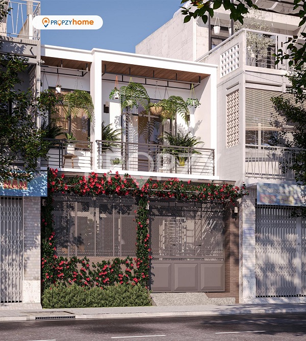 Nhà phong thủy có cửa sổ lớn đẹp được trang trí bằng cây xanh