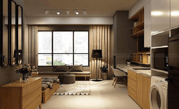 can ho studio voi thiet ke mau nau chu dao