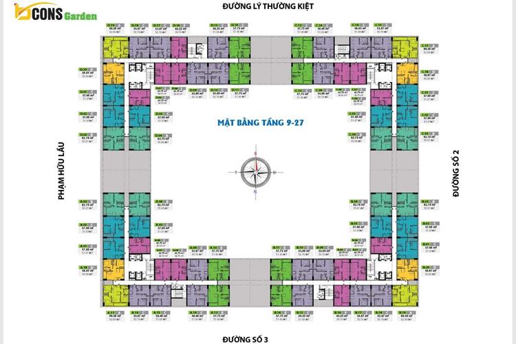 Mặt bằng tầng 9 đến tầng 27 dự án căn hộ Bcons Garden
