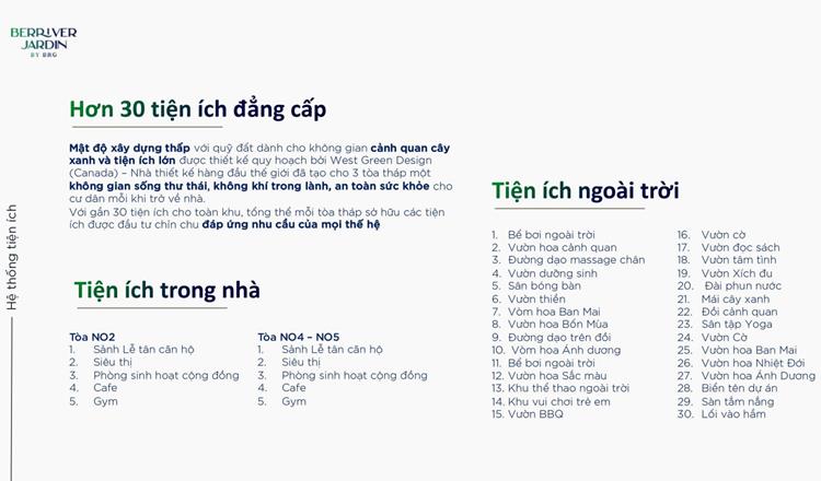 Tiện ích nội khu và ngoại khu của dự án căn hộ Berriver Jardin Hà Nội