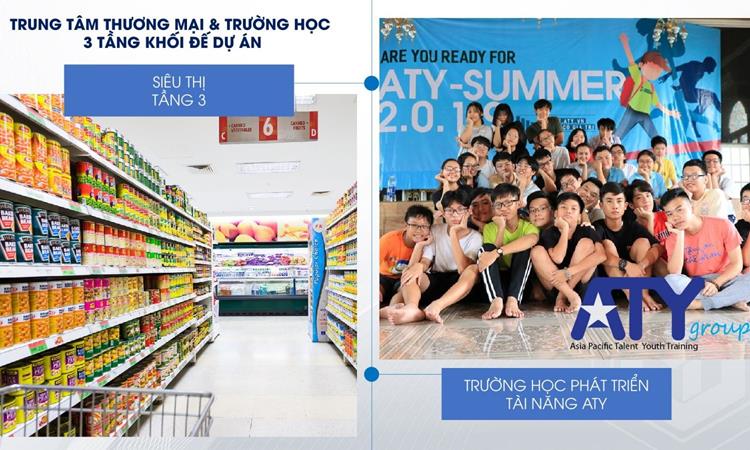 Tầng 2 là trung tâm thương mại và trường học 3 tầng khối đế dự án