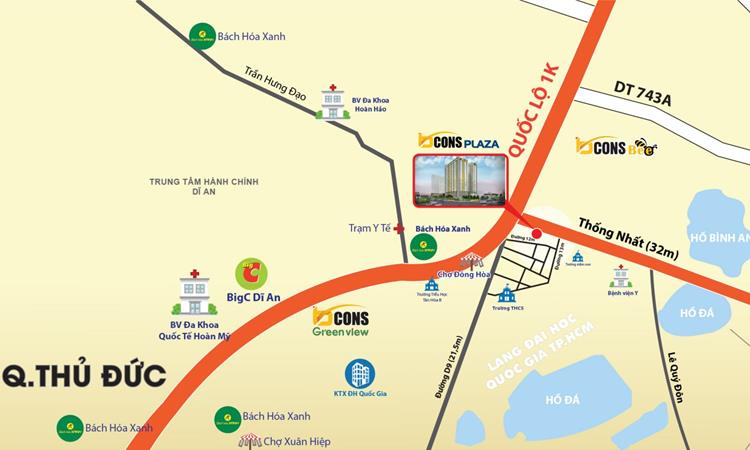 Vị trí dự án căn hộ Bcons Plaza Bình Dương 