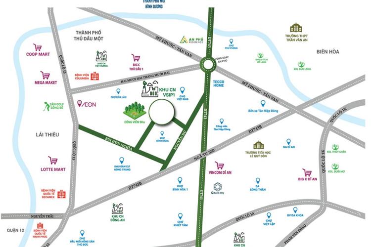 Vị trí khu căn hộ Đất Xanh Homes Parkview Bình Dương