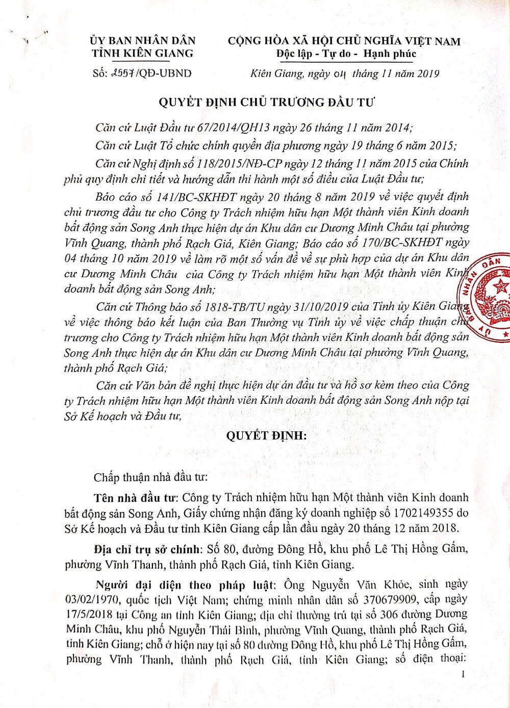 Quyết định chủ trương đầu tư đối với Công ty bđs Song Anh ảnh 1