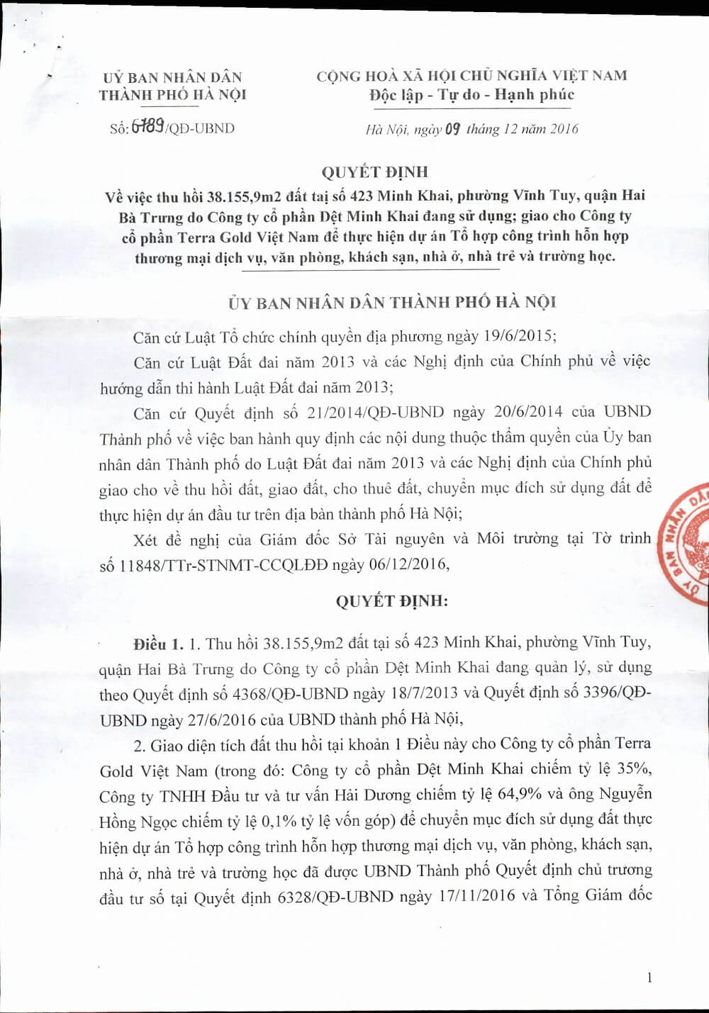 Quyết định giao đất của UBND TP Hà Nội